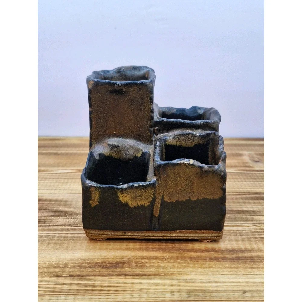 Pen Pencil Holder Earthen Tone‎ ware 4 Slot Tired Hand-crafted Artisan Glaze Vtg